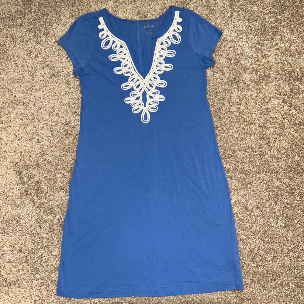 Lilly Pulitzer Brewster Blue Pima Cotton Soutache Embroidered Shift Dress Large - Picture 2 of 8